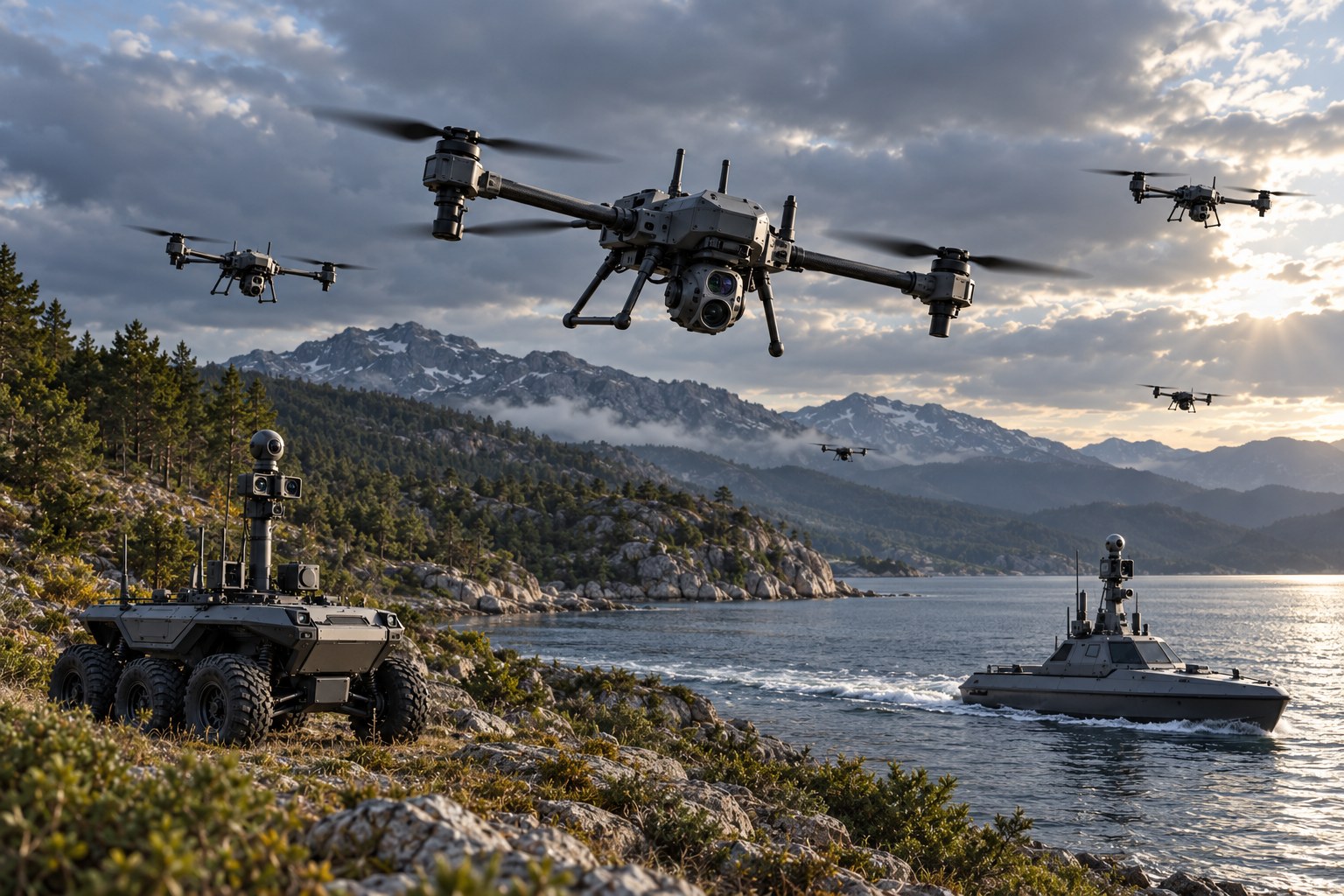 Autonomous drone in flight over a mountain under storm clouds