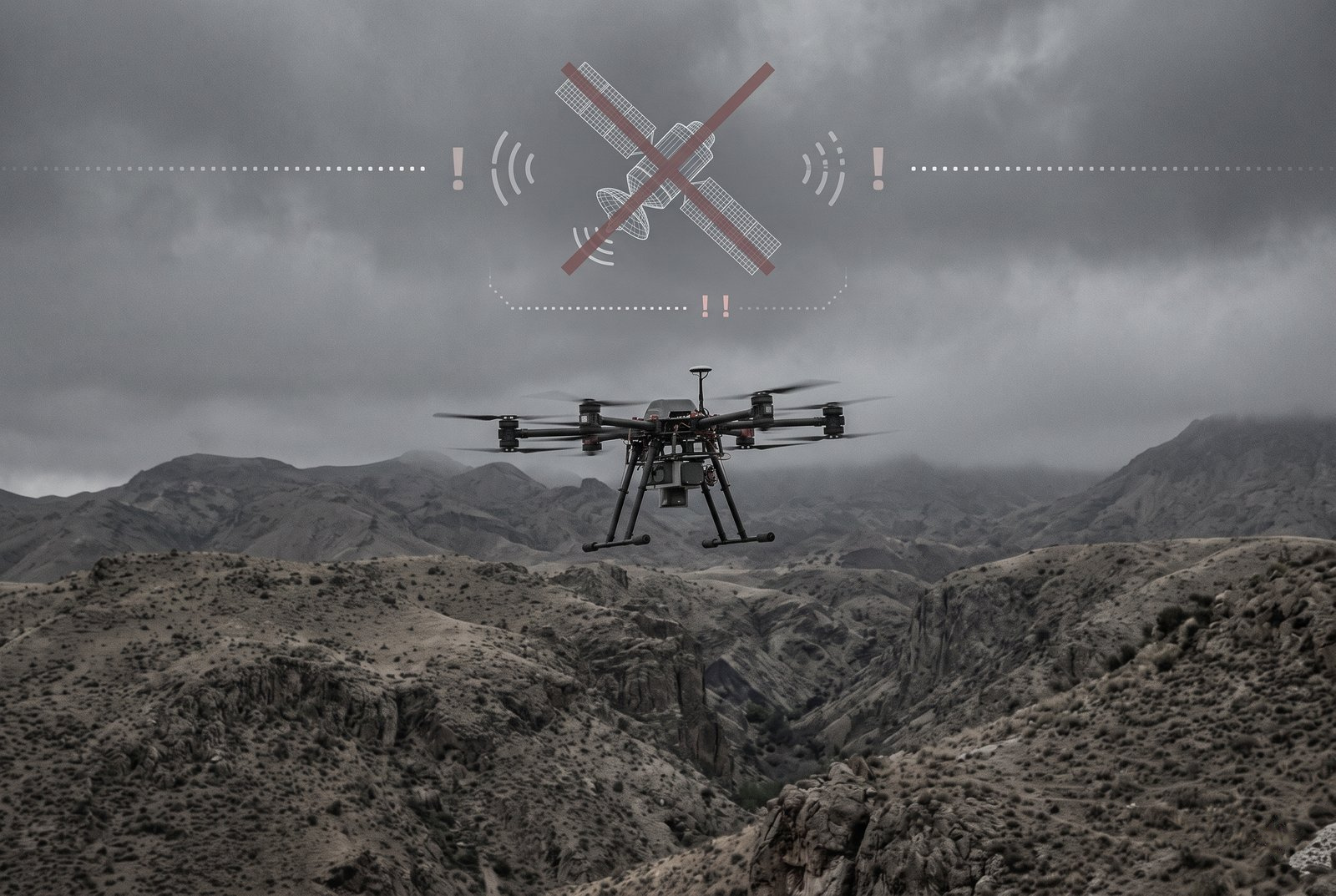 Drone navigating a contested area without satellite positioning