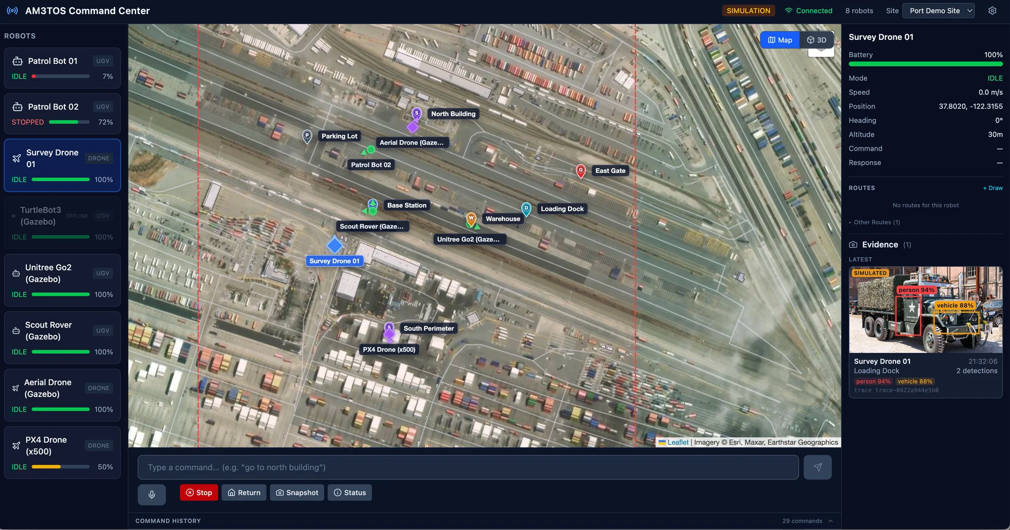 Omokai Mission Control interface showing a mixed fleet of robots and drones on a live site map